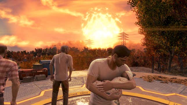 There is a nuclear explosion in the background, people are staring at it, and the main character's husband is holding a baby.